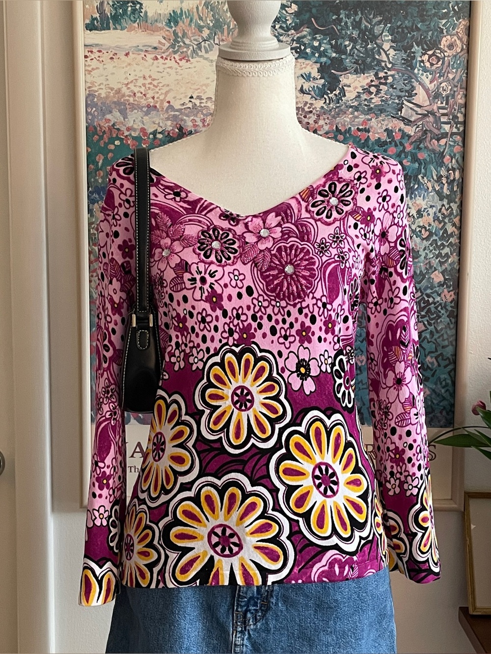 Y2K Floral Print Top Womens Small Pink Daisy V-Neck Boho Retro Whimsy Pierri